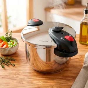 Olla express Orion de acero inoxidable apta para inducción sobre mesa de madera con vapor, verduras y aceite de oliva