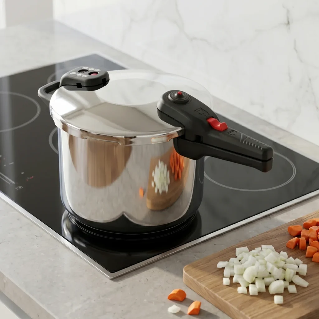 Olla a presión ALZA Quattro de acero inoxidable con selector rojo sobre vitrocerámica, junto a tabla con verduras