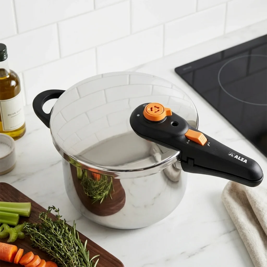 Alza Olla a presión Syma de acero inoxidable con válvula y asa negra con detalle naranja, sobre encimera de mármol