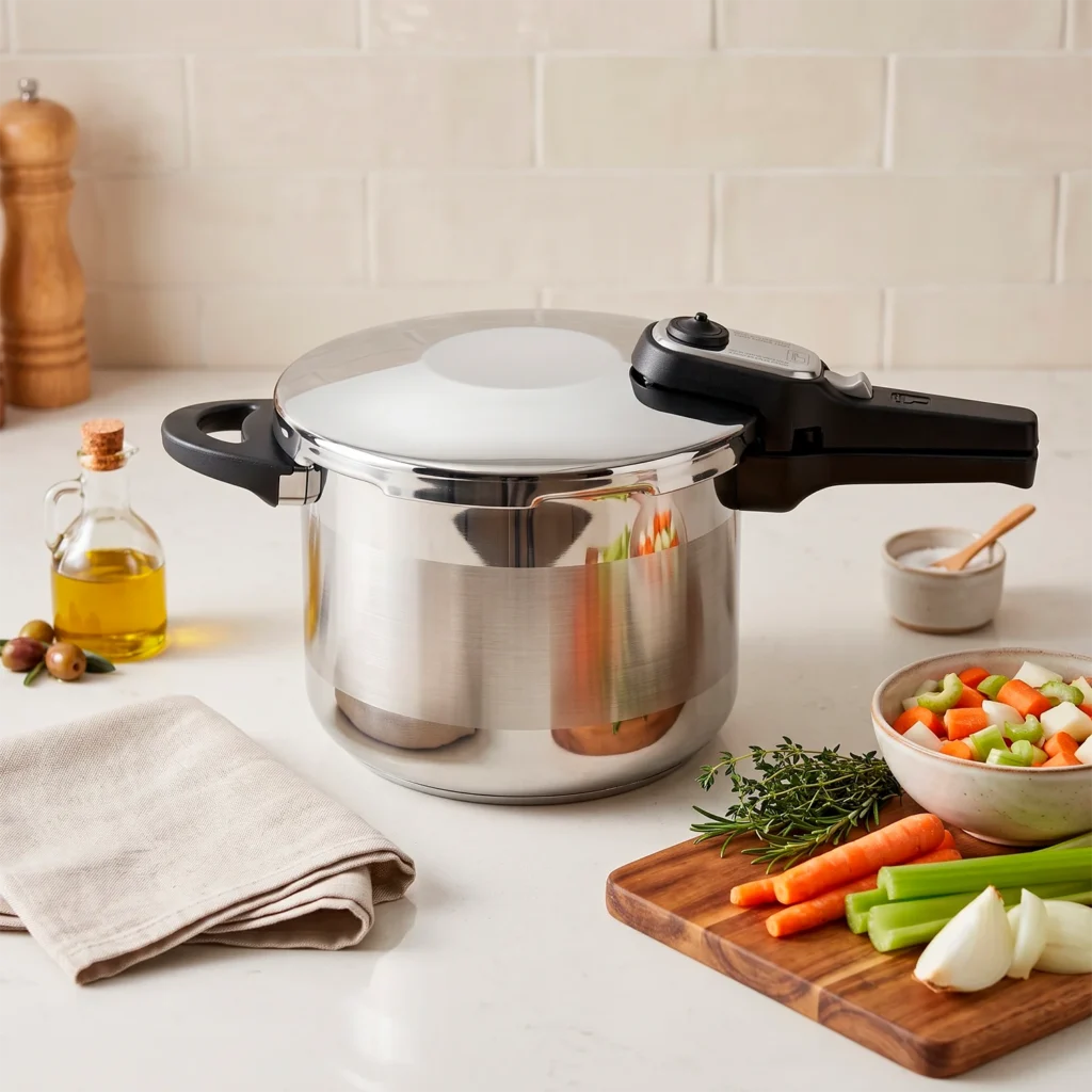 Olla a presión Titan Plus de acero inoxidable con asa negra, sobre encimera junto a verduras frescas