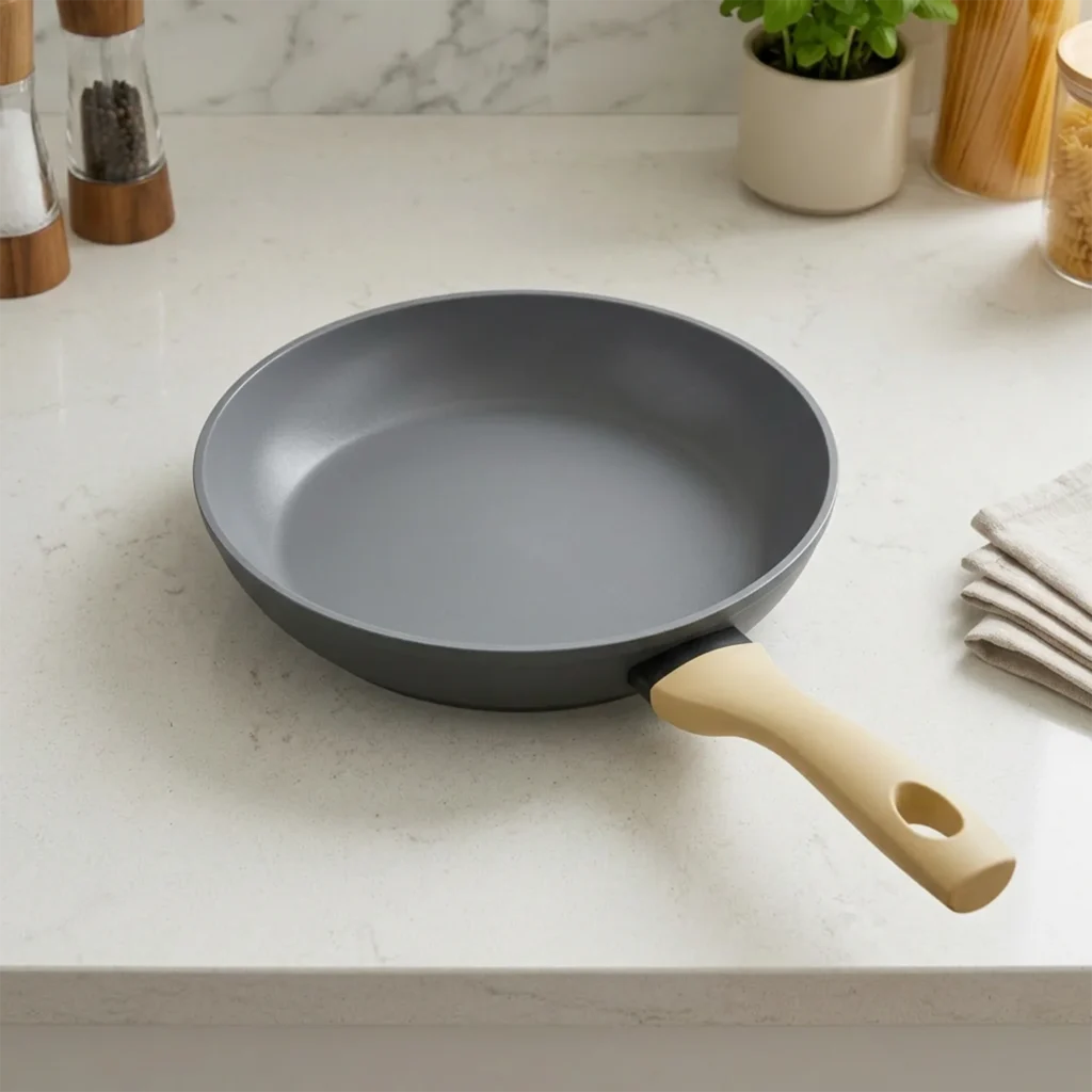 Sarten con Antiadherente ARENA con mango beige sobre encimera de cocina
