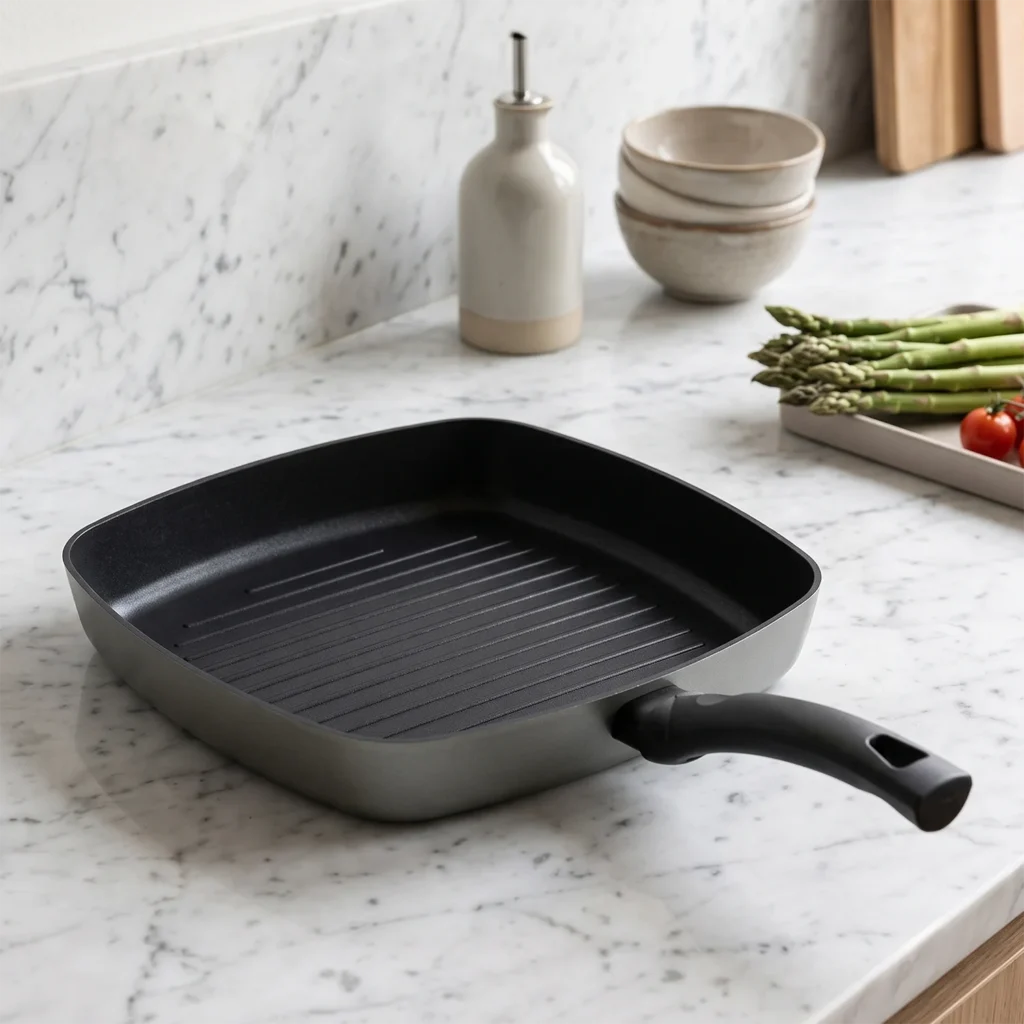 Asador GIRO - Aluminio de Calidad, Base de 3 Capas con fondo estriado, sobre encimera de mármol junto a espárragos
