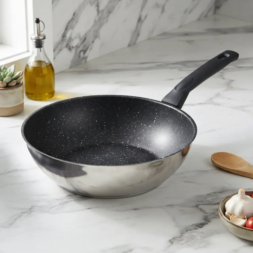 Wok de Acero Inoxidable EFFICACE con interior antiadherente moteado, sobre encimera de mármol
